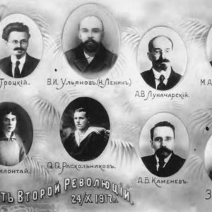 Postcard depicting heroes of the October revolution in Petrograd