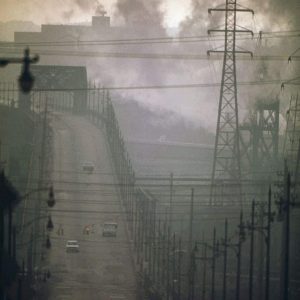 Dark Clouds of Factory Smoke Obscure Clark Avenue Bridge in Cleveland, Ohio in 1973