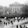 Polish students, their teachers and others gather in front of universities to protest in March 1968