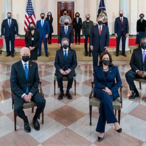 President Joe Biden and Vice President Kamala Harris, joined by the Presidential Cabinet members, pose for a Cabinet portrait Thursday, April 1, 2021, in the Grand Foyer of the White House