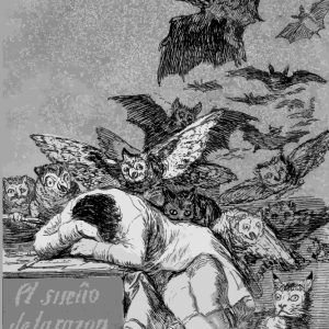 The Sleep of Reason Produces Monsters, forty-third etching in Francisco Goya’s satirical Los Caprichos (1799). Cover design dedicated to John J. Simon.
