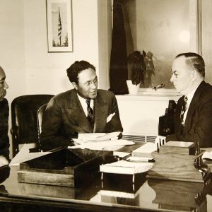 Ferdinand Smith and Earl Dickerson meeting with Donald Nelson to promote African-American man-power in war production (circa 1945)