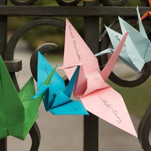 50 Paper Cranes of Peace with the names of the victims