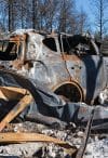 Charred remains of a vehicle eight months after the devastating Camp Fire